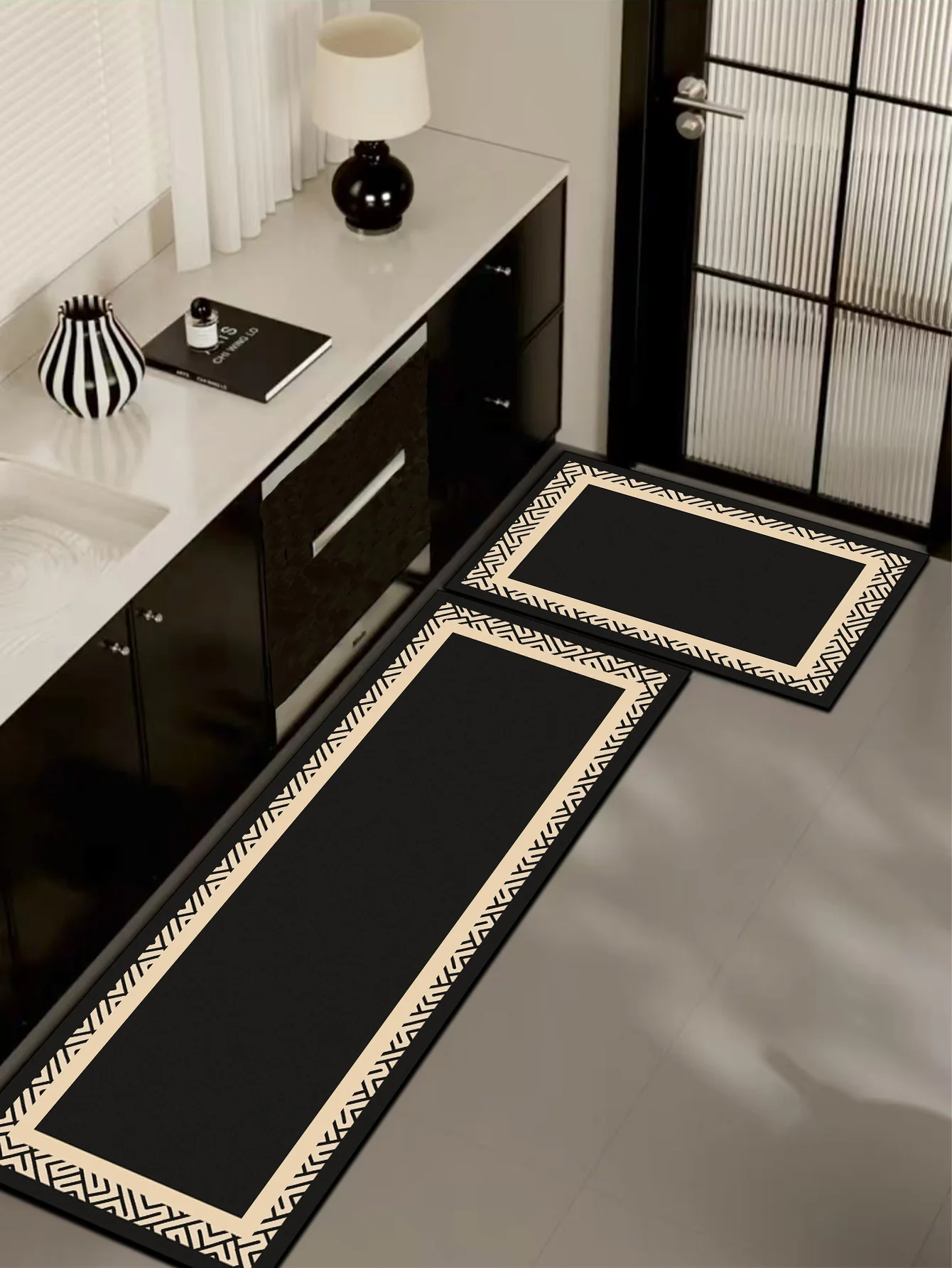 New Kitchen & Bath Rugs, Vintage Geometric Double Border with Solid Center, Non-slip, High Water Absorption, Easy Clean