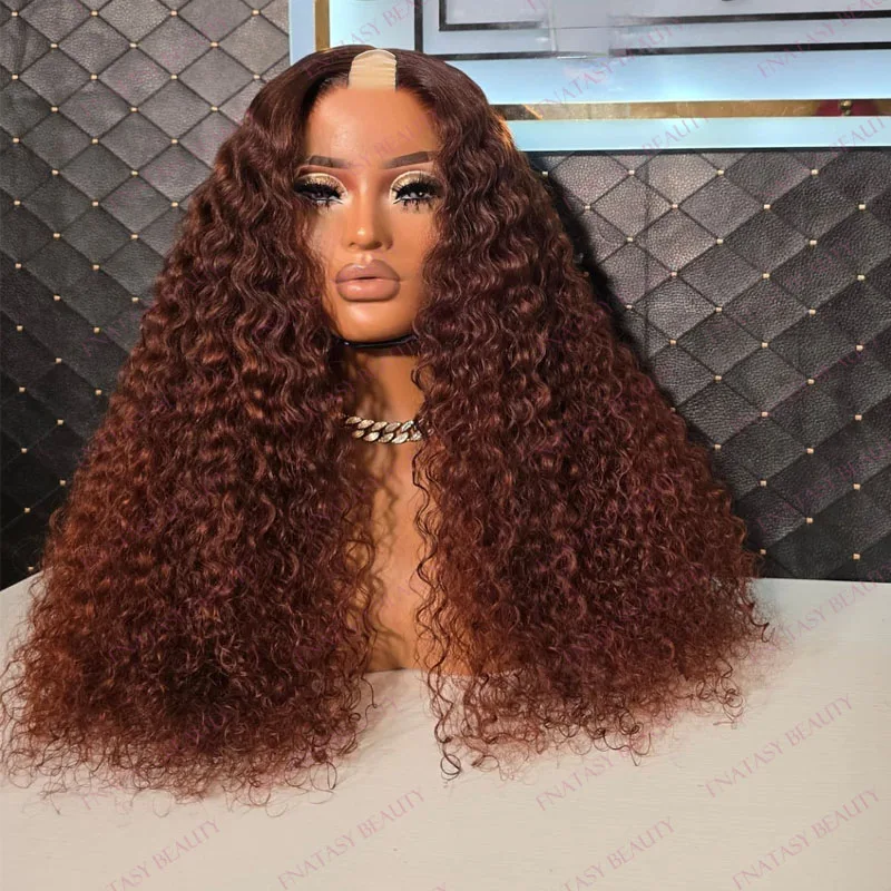 Deep Wave 100% Human Hair Auburn Brown Afro Black Women Easy Wear 250Density Adjustable U Shaped Wigs Natural 1X4 V Part Wigs