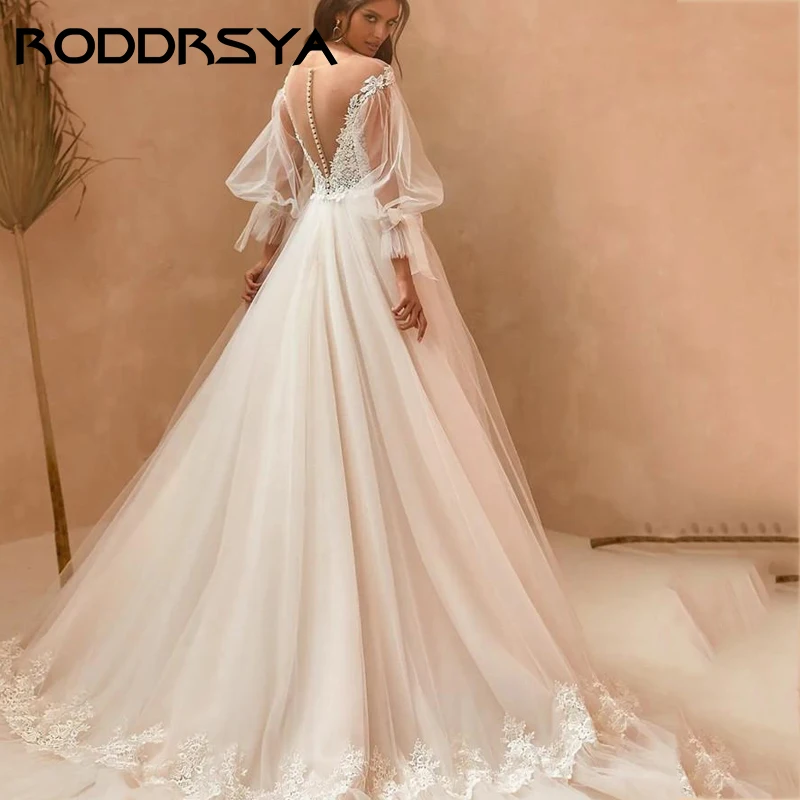 RODDRSYA-Robe de Mariée Élégante à Col Rond et Manches Bouffantes, Vêtement Romantique avec Robe de Mariée Élégante à Col Rond et Manches Bouffantes, VêtemenAppliques en Tulle, Bouton de Rêve dans le Dos, Ligne A, 2023