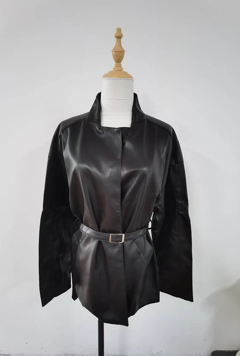 Long Leather Jacket for Women in Autumn Super Cool Personality Loose and Slim Lace-up PU Leather Windbreaker Long-sleeved Jacket