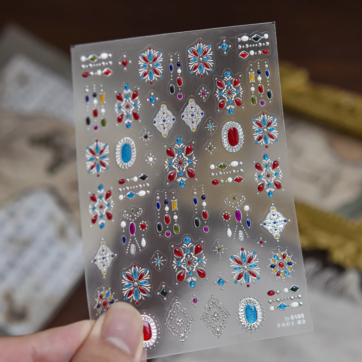 Vintage Boho 5D Nail Art Stickers Imitation Color Gem Gilded Metal Carving Border Rhombus Retro Badge Self Adhesive Nail Decals