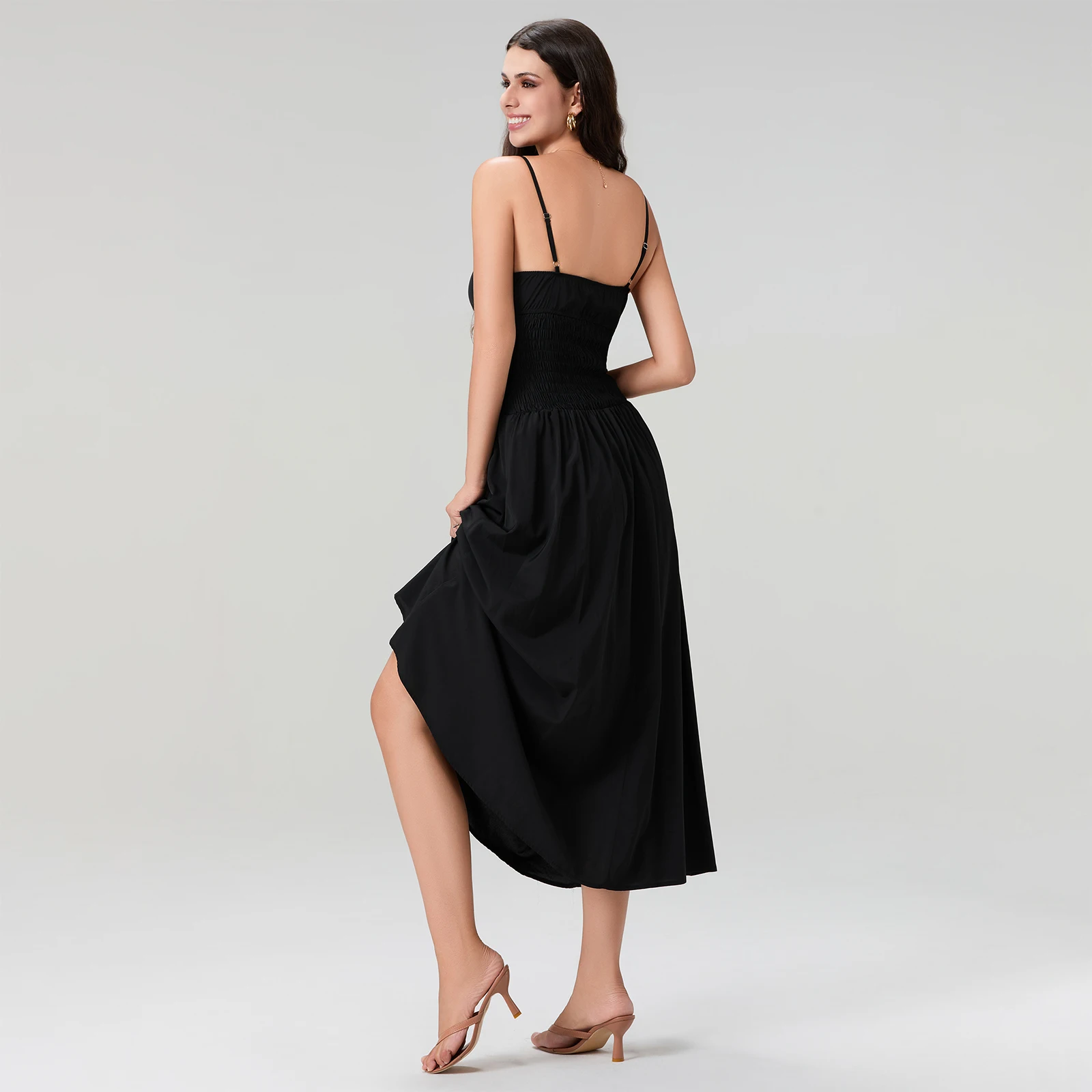 Women Spaghetti Strap Drawstring Cutout A-Line Party Dress Sexy Slip Sleeveless Swing Dress for Vacation