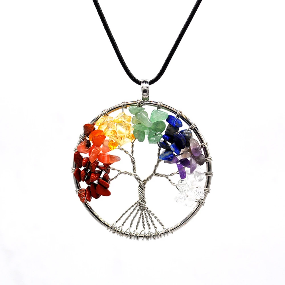 SUMENG 2025 New Fashion 7 Chakra Tree of Life Necklace Copper Crystal Natural Quartz Stones Pendants for Women Christmas Gifts