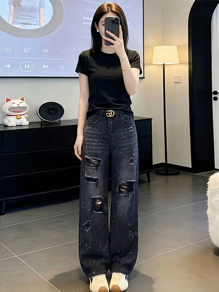 

American Style Slim Fit Sexy Top High Waist Straight Leg Jeans Two Piece Set Summer New Vintage Hole Denim Pants Women's Fash...