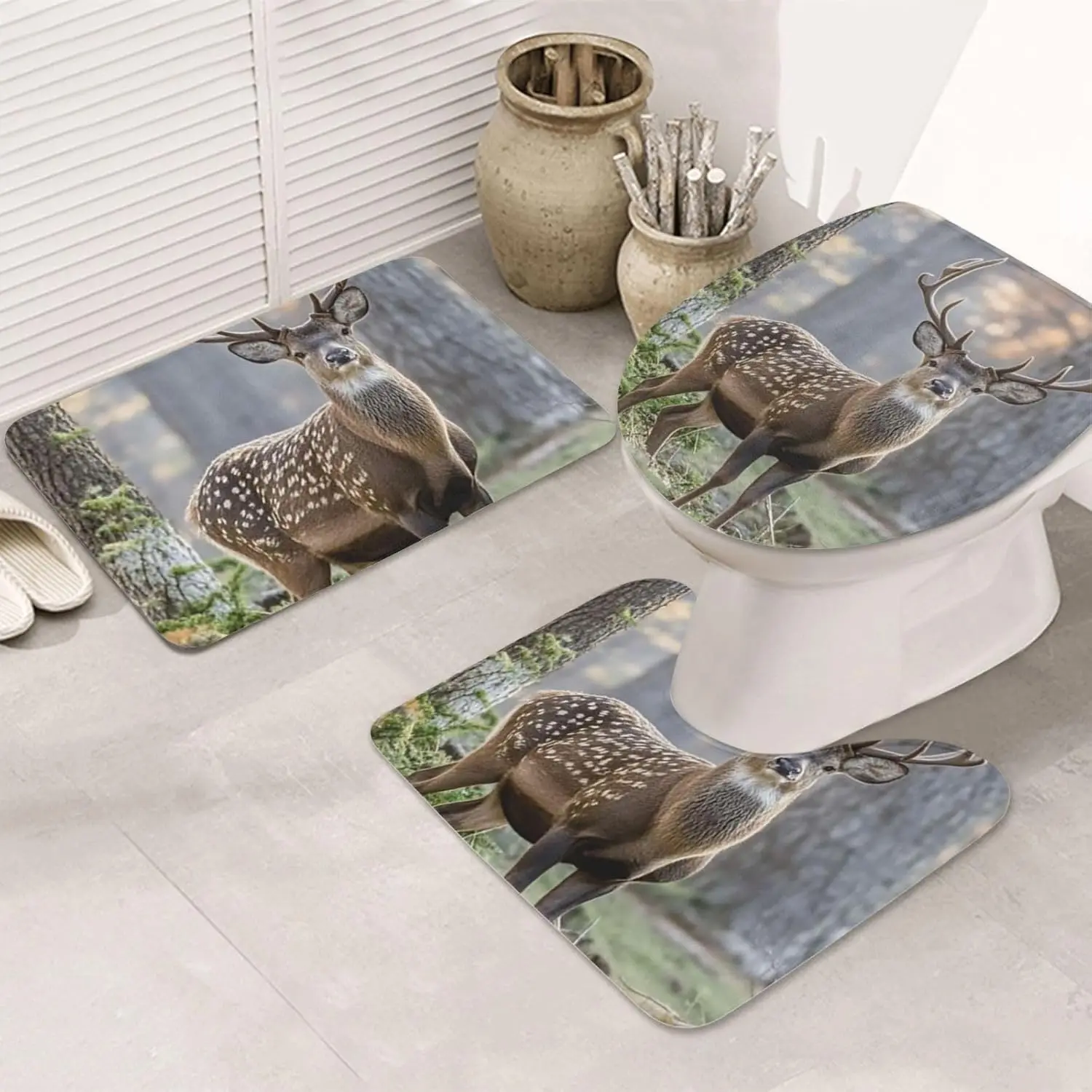 Camouflage Deer Bathroom Rug Set - 3 Piece Non Slip Shower Mats with U-Shaped Contour Toilet Mat, Absorbent Microfiber Bath Mats