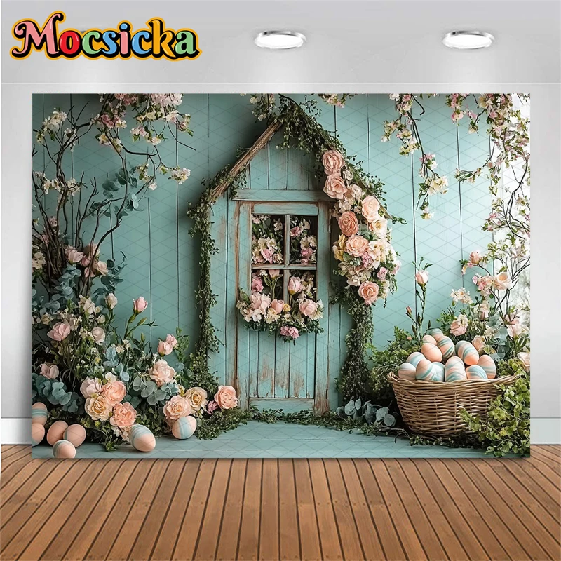 Mocsicka Easter Egg Photography Background Spring Party Backdrop Flower Green House Pattern Wedding Decor Studio Shooting Banner