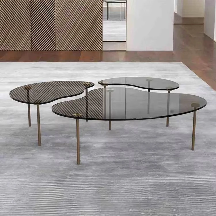 yr-Modern Set of Nesting Coffee Tables, Irregular Round Tempered Glass Top with Metal Legs, Asymmetric Multi Height Side Tables-