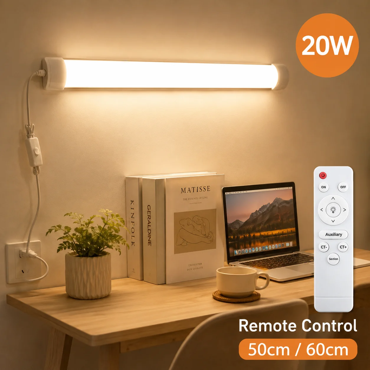 50/60cm LED Tube Light with Remote Control Dimming 3 Colors Wall Closet Lamp for Dining Room Bedroom Study Cabinet Light 20W