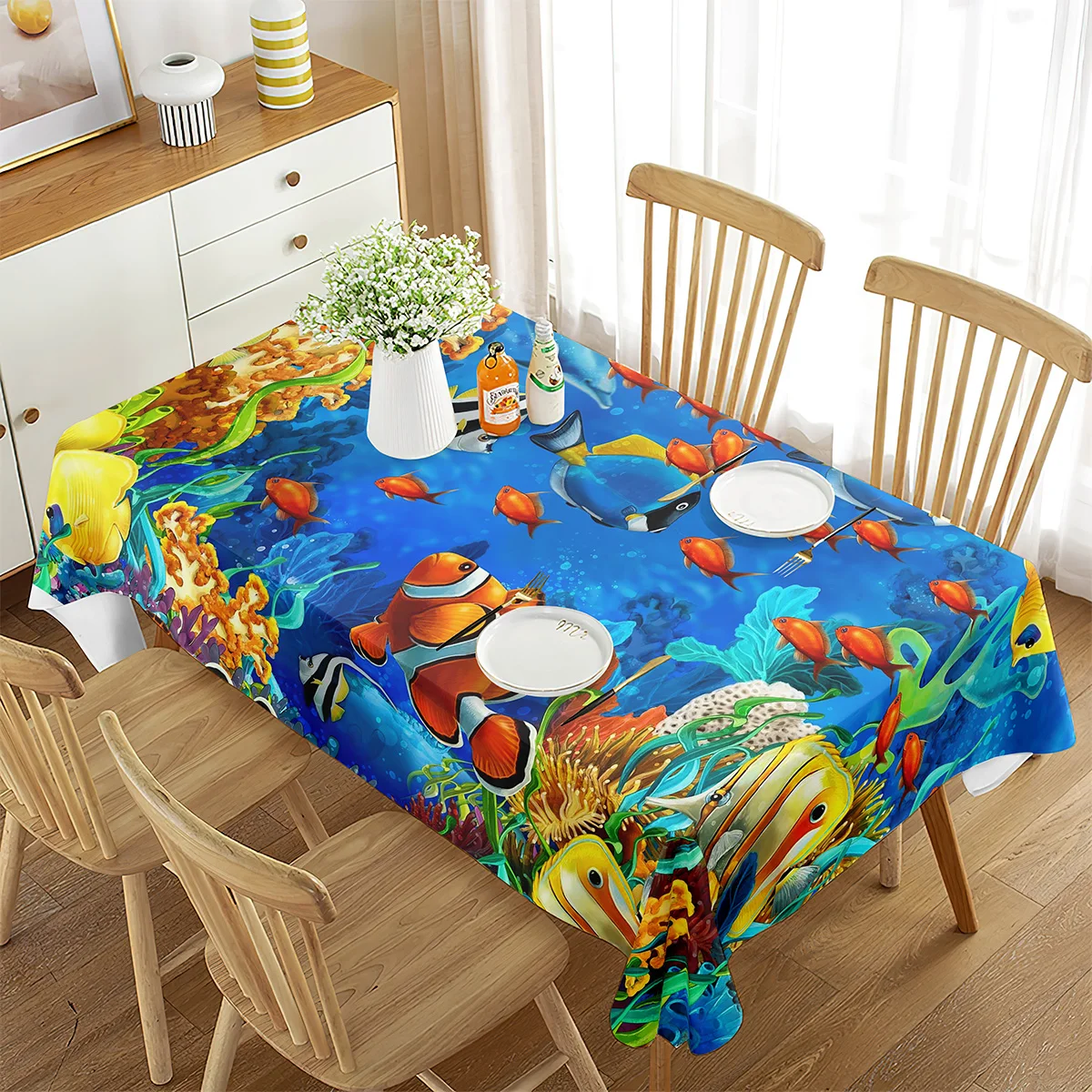 

Hawaiian Sea Ocean Tropical Fish Tablecloth The Underwater World Pattern Table Cover for Dining Room Living Room Tablecloth