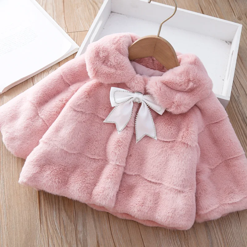 Fall winter baby clothes coats for girls infant outfits bow fake fur jacket outerwear 1 year baby's birthday cloak shawl coats