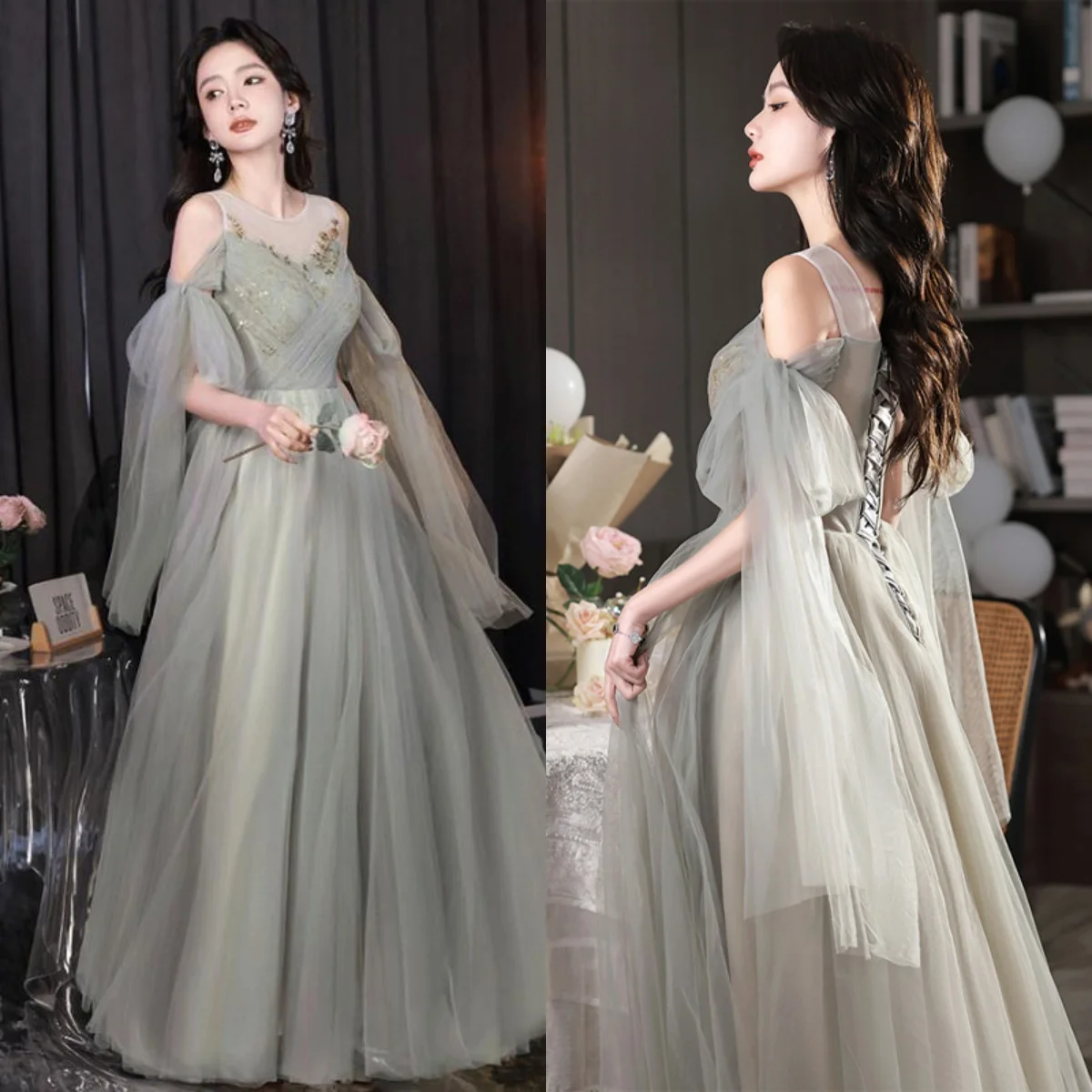 Itu Yiiya gaun malam abu-abu Tulle Appliques O-neck A-line panjang-mencapai lantai ukuran Plus gaun Formal pesta wanita kustomisasi A3034