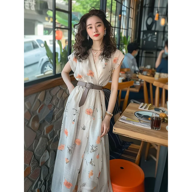 

Elegant White Printed Cotton Linen Dress Slimming Waist Design Summer New Style High-end Sensation Women's Fashion Dress