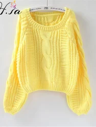 H.SA-Pull côtelé jaune pour femme, pullover féminin, style Harajuku, chic, court, torsadé