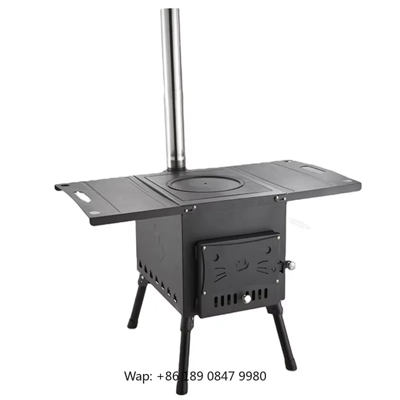 【Hot】Wood Burning Camp with Chimney Pipes Portable Wood Burning Outdoor Stove Foldable Cast Iron Tent Stove for Heating