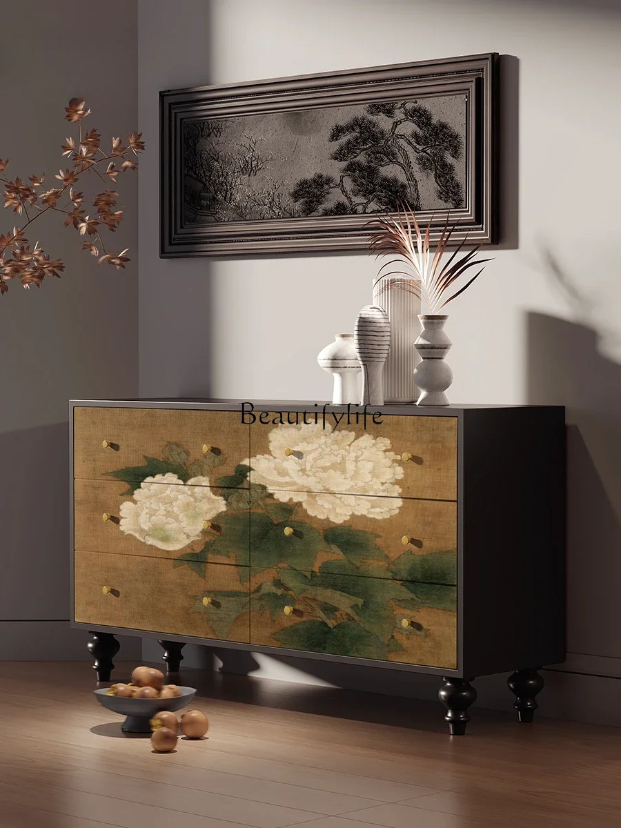 French medieval peony picture household solid wood six-chest cabinet bedroom storage drawer cabinet