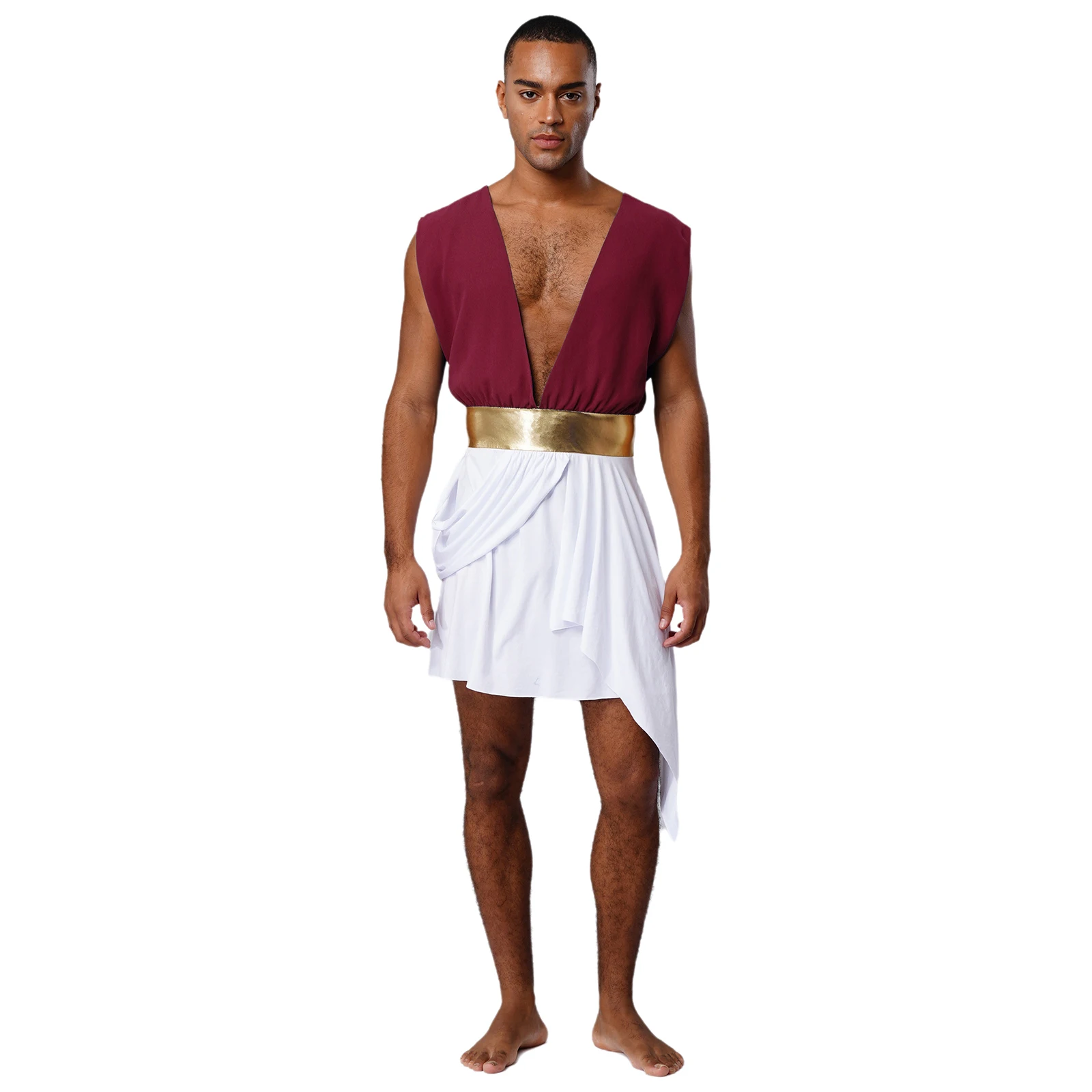 

Men's Ancient Greek Rome Toga Prince Halloween Role-Playing Costume Deep V-neck Sleeveless Metallic Waist Asymmetrical Robe