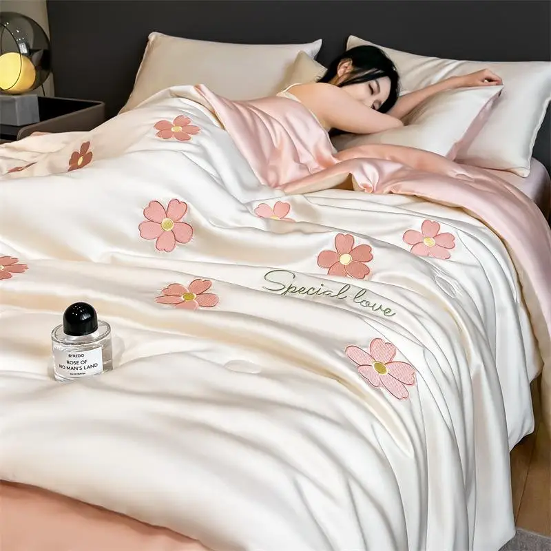 Summer Washed Ice Silk Quilt Set Four-Piece Home Use Embroidered Cool Feeling Lightweight Antibacterial Fiber Filled Quilt