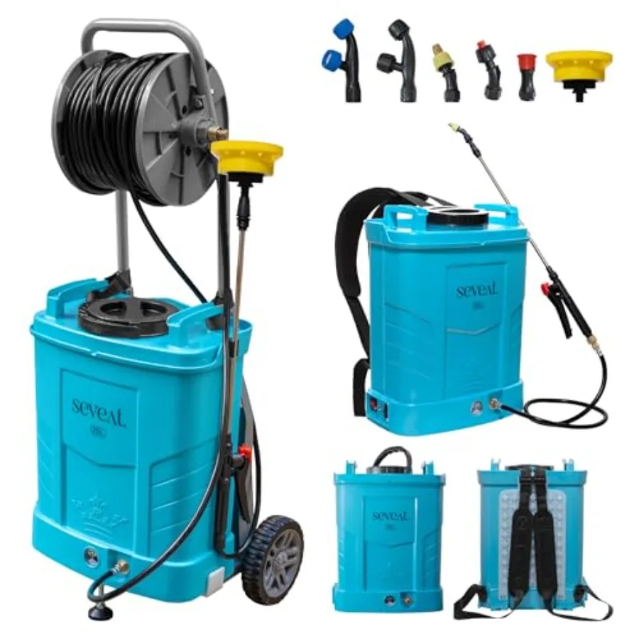 

Аккумуляторный ранцевый опрыскиватель с тележкой и катушкой для шланга, сверхмощный, 6 сменных насадок, 20-80 PSI, бесступенчатая регулировка давления