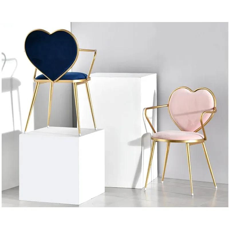Simple Design Gold Metal Frame Heart Shape Cafe Furniture Velvet Pink Makeup Chairs Nordic Wrought Iron Velvet Dressing  Chair view 4