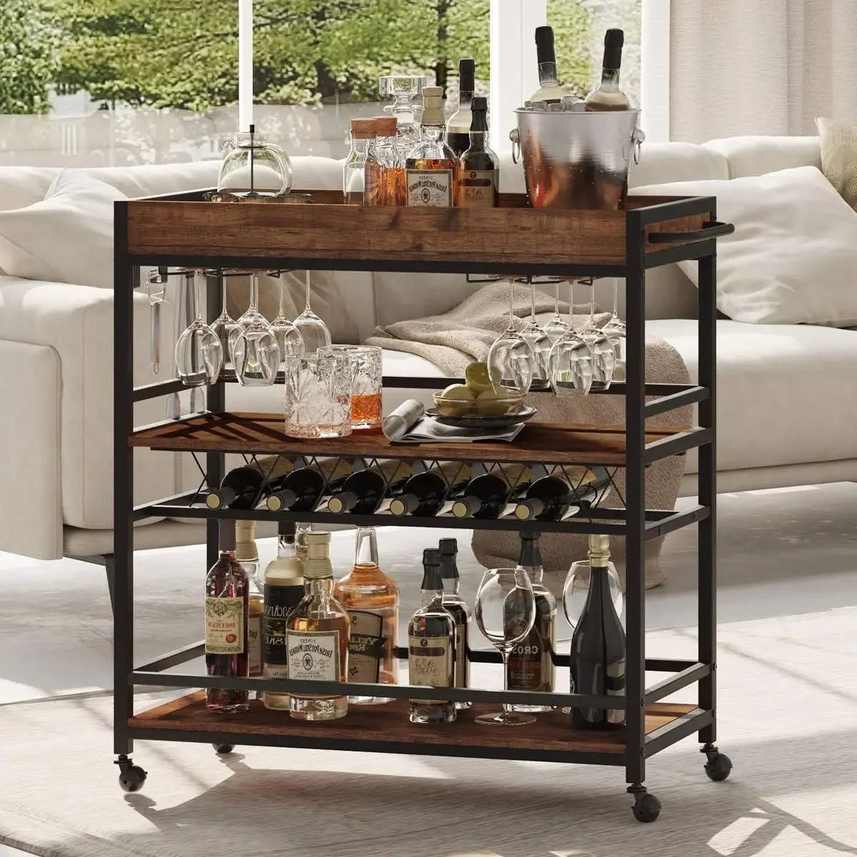 Bar Cart for The Home, Rolling Home Bar Serving Cart on Wheels, 3 Tier Liquor Beverage Cart for Home Bar