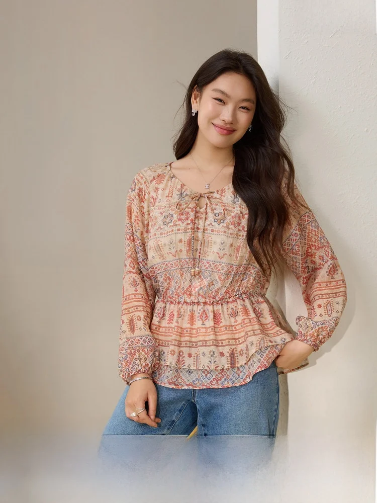 

Retro Ethnic Print Shirt Breathable Large Size Women's Fashion Lenzing Fiber Summer New Style Slim Fit Korean Style Commute