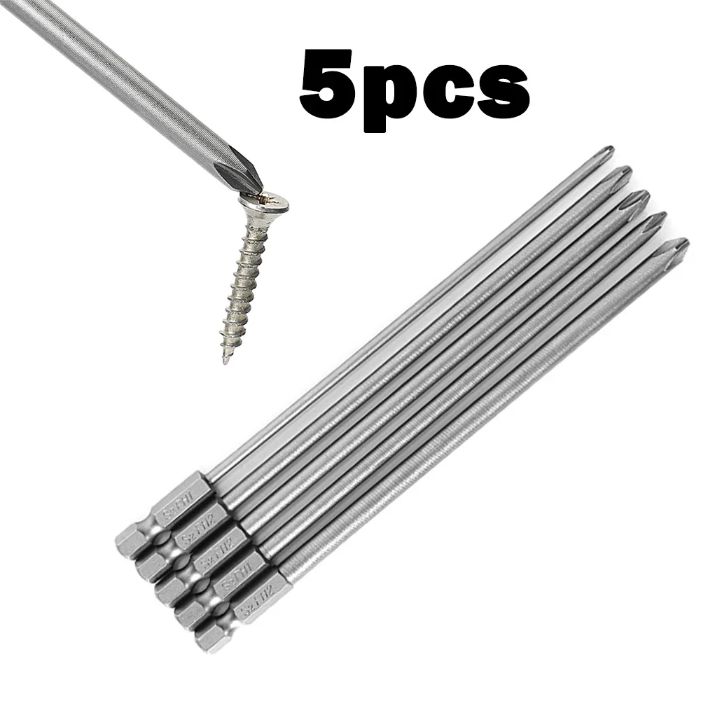 

5Pcs Cross Screwdriver Bits 6.35mm Shank 150mm Long PH1 PH2 Cross Screwdriver Bit Power Driver Woodworking Tool Set