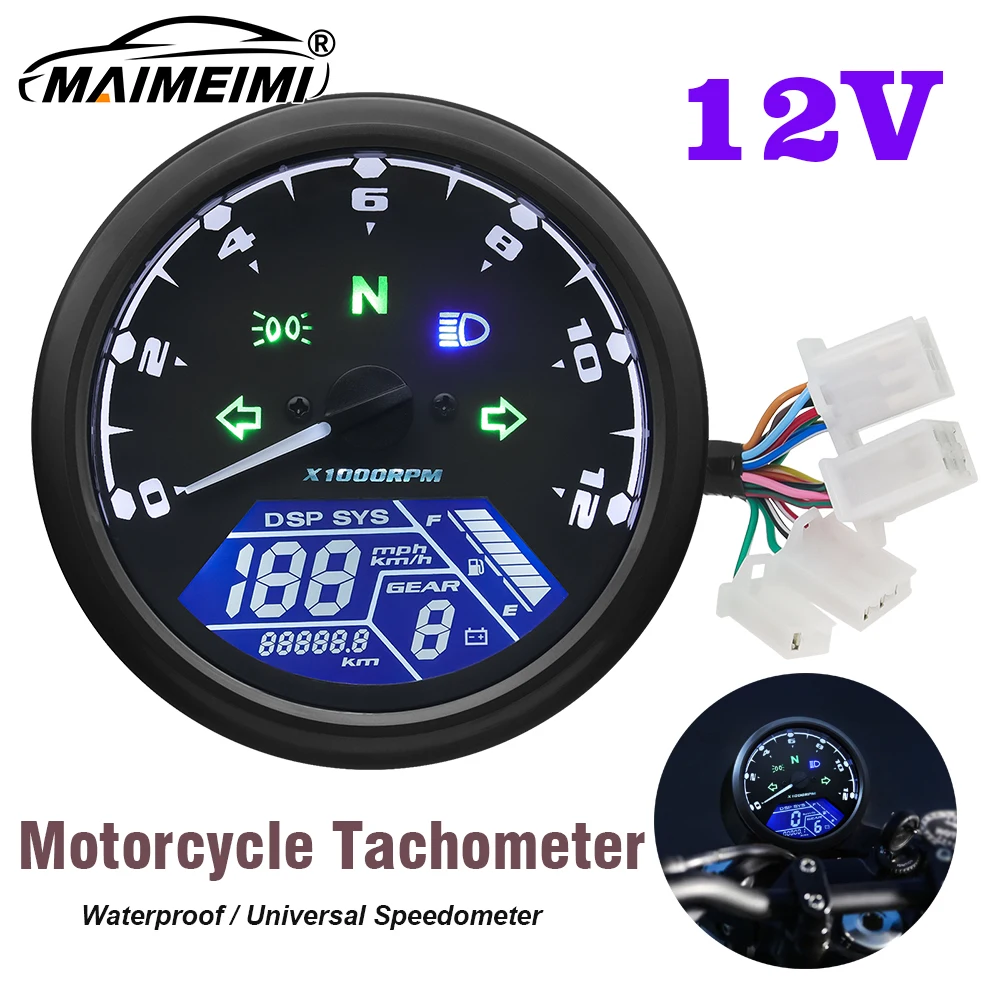 

12V Motorcycle Speedometer Universal Tachometer Fuel Meter Dashboard Gauge + Bracket LCD Digital Indicator Tacho RPM for yamaha