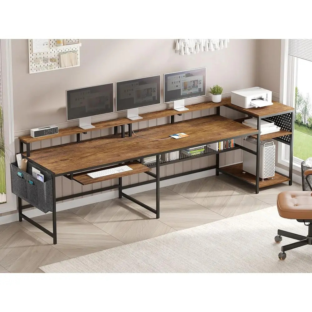 L Shaped Computer Desk, Reversible, with Power Outlets & LED Strip, Monitor Shelf, Keyboard Tray, Pegboard, Storage Shelves, Rus