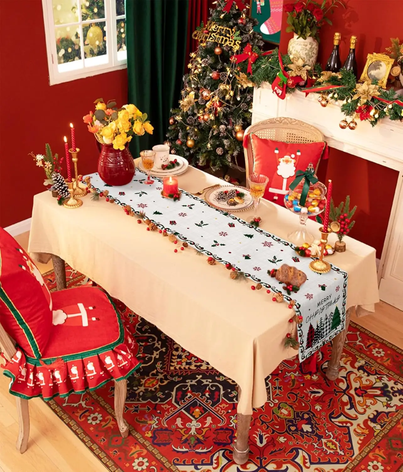 Christmas Tree Snowflake Bufflao Plaid Linen Table Runner Dresser Scarf for Xmas Party Decor Washable Kitchen Dining Table Decor