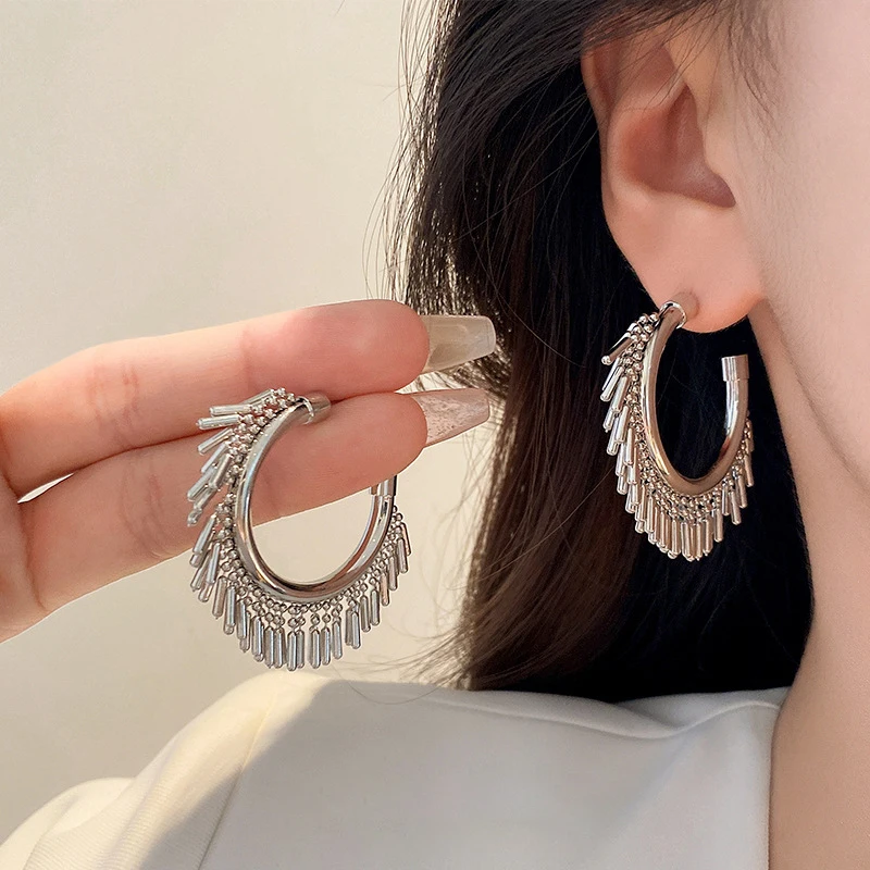 AENSOA French Style Exaggerated C Shape Tassel Hoop Earrings for Women Personality Punk Round Circle Metal Hoops Earring Female