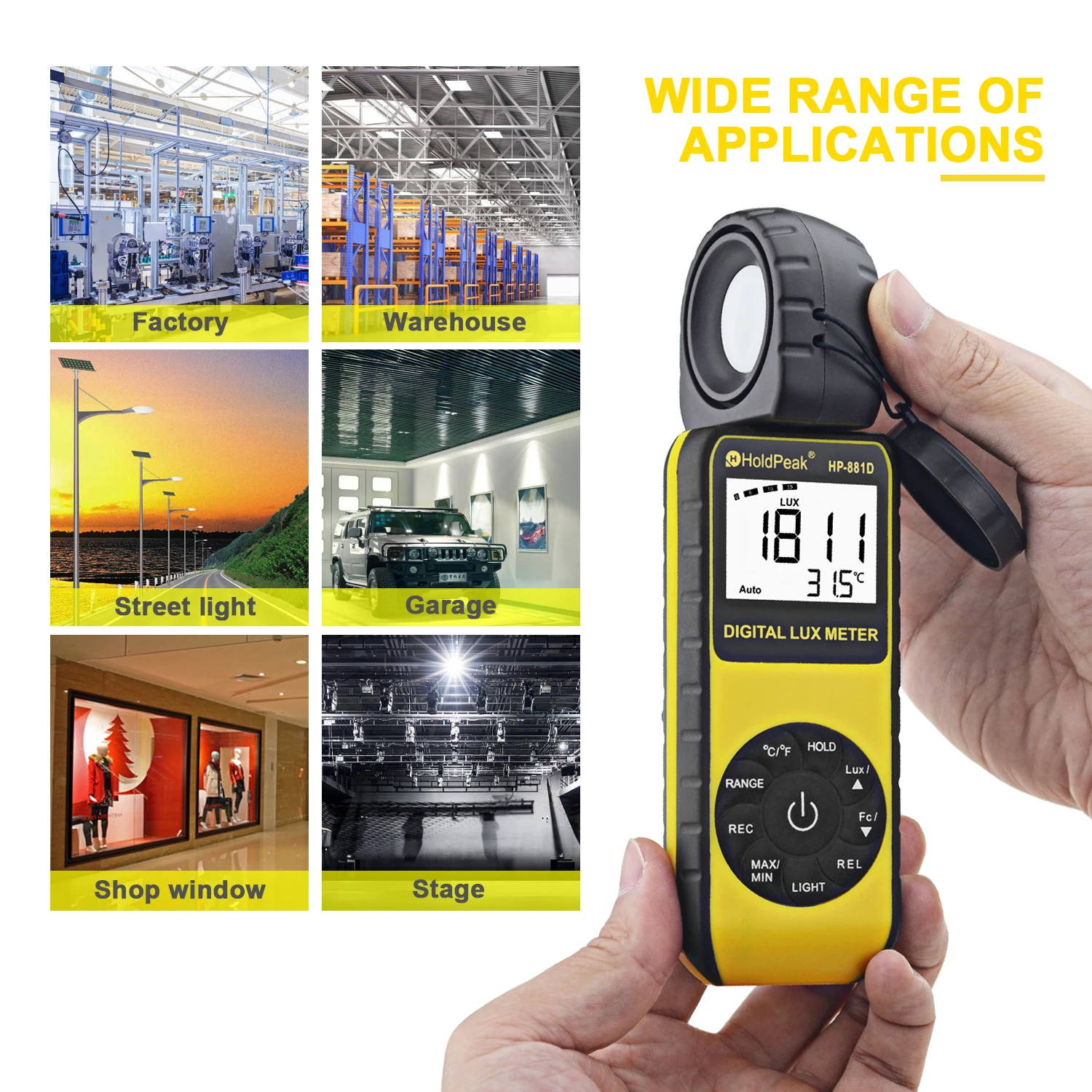 HoldPeak 881D Digital Lux Meter 1-400,000Lux 0.1Lux/Fc Accuracy ±4% Separate Probe Data Record MAX/MIN Temp Backlight