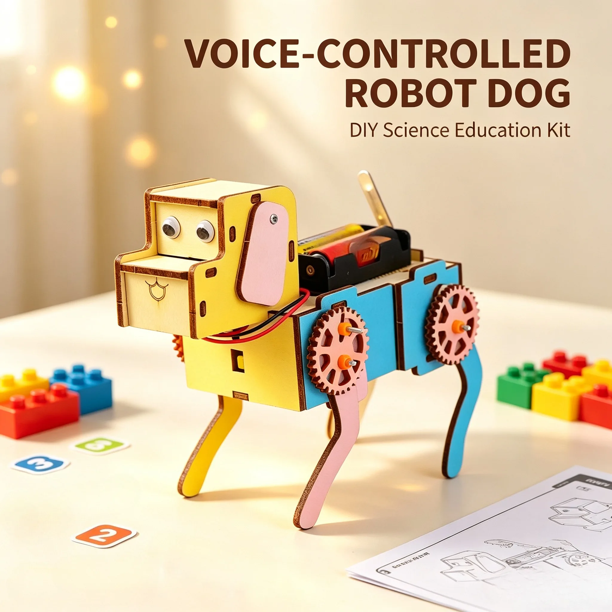 Children's science and education experimental toys, voice-controlled mechanical dog hand-assembled model 3d wooden jigsaw puzzle