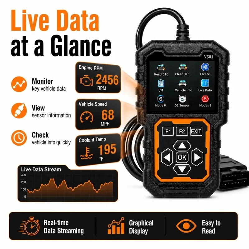 V601 OBD2 Scanner Diagnostic Tool, Universal Car Engine Code Reader, Read & Clear Check Engine Fault Codes, Live Data Stream, I/