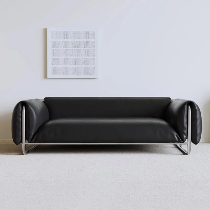 Retro style black stainless steel sofa Medium antique style light luxury designer three-person leather art living room sofa
