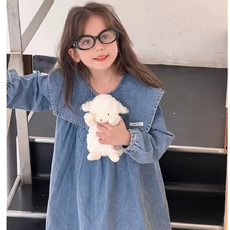 ZOETOPKID Spring Summer Girls Cotton Long Sleeves Lotus Leaf Collar Washed Denim Blue Dresses Children Sweet Skirt Kids Outfits