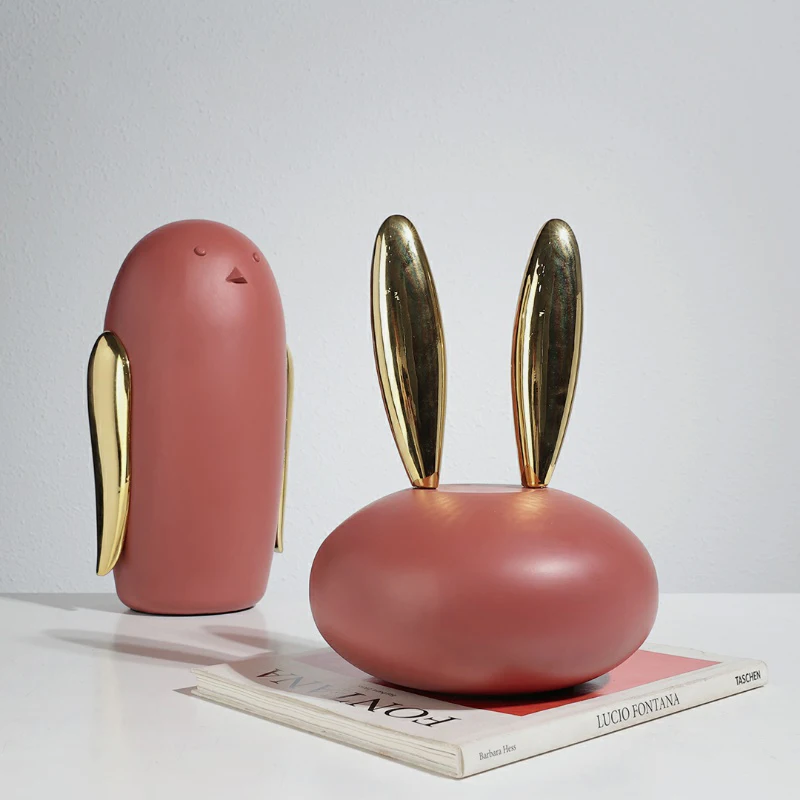 Modern Children'S Room Decoration Sculpture Furnishings Abstract Resin Crafts Gold Ears Pink Rabbit Resin Arts Home Decoration