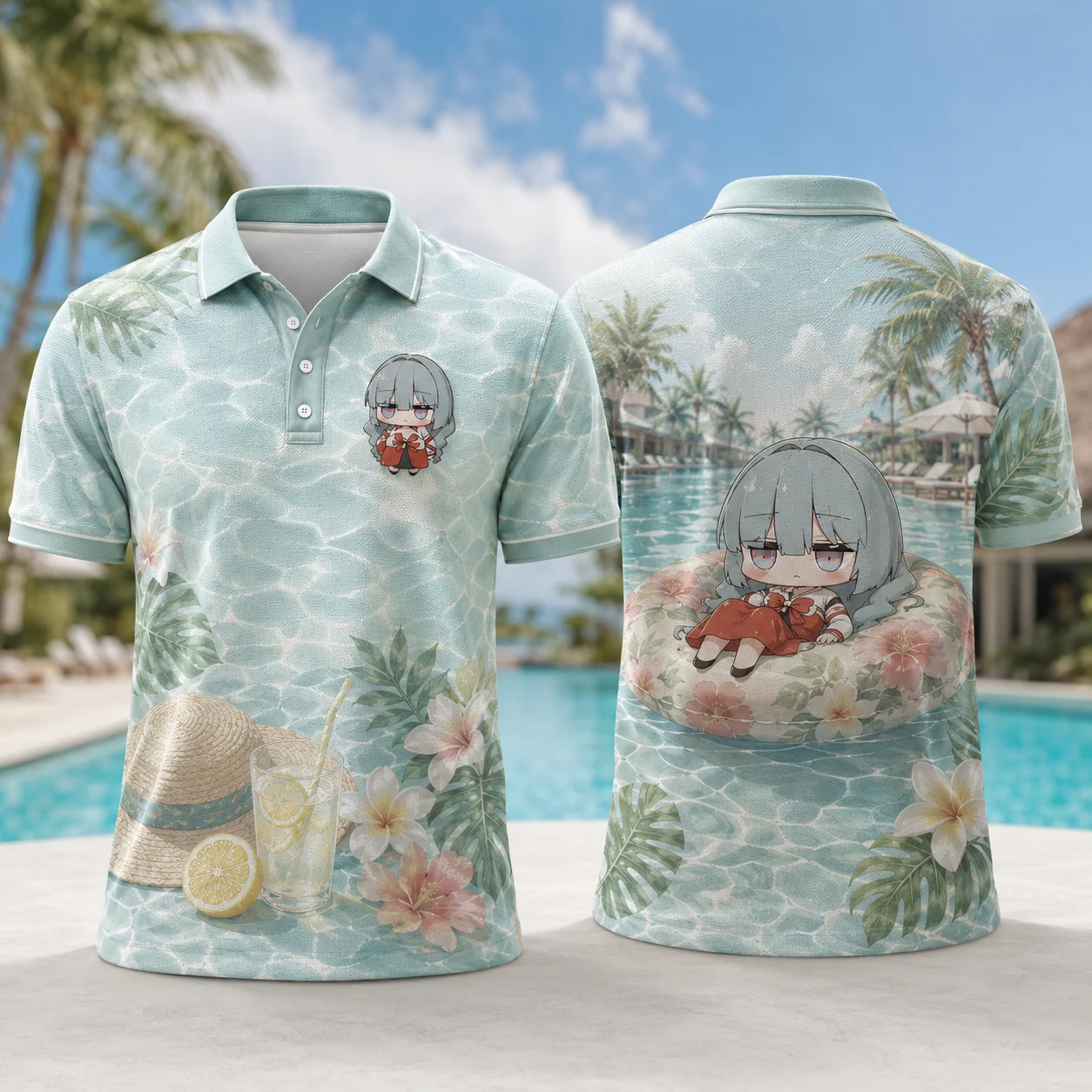 Phrolova Chibi Anime Beach Reading Polo Shirt Kawaii Manga Girl 3D Print Quick Dry Breathable Tropical Summer Vacation Top