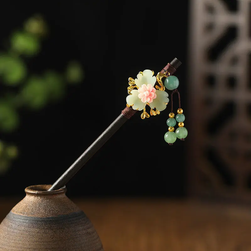 

exquisite classical handmade wooden tassel hairpins imitation jade flower Waterdrop pendant buyao headwear hair disk women Gift