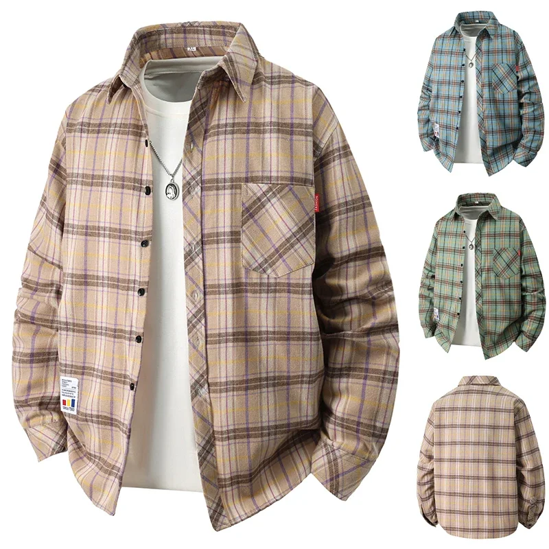 Daily Versatile Check Shirt Male Loose Cut Long Sleeve Pocket Label Decor Suitable for Travel and Casual Occasions