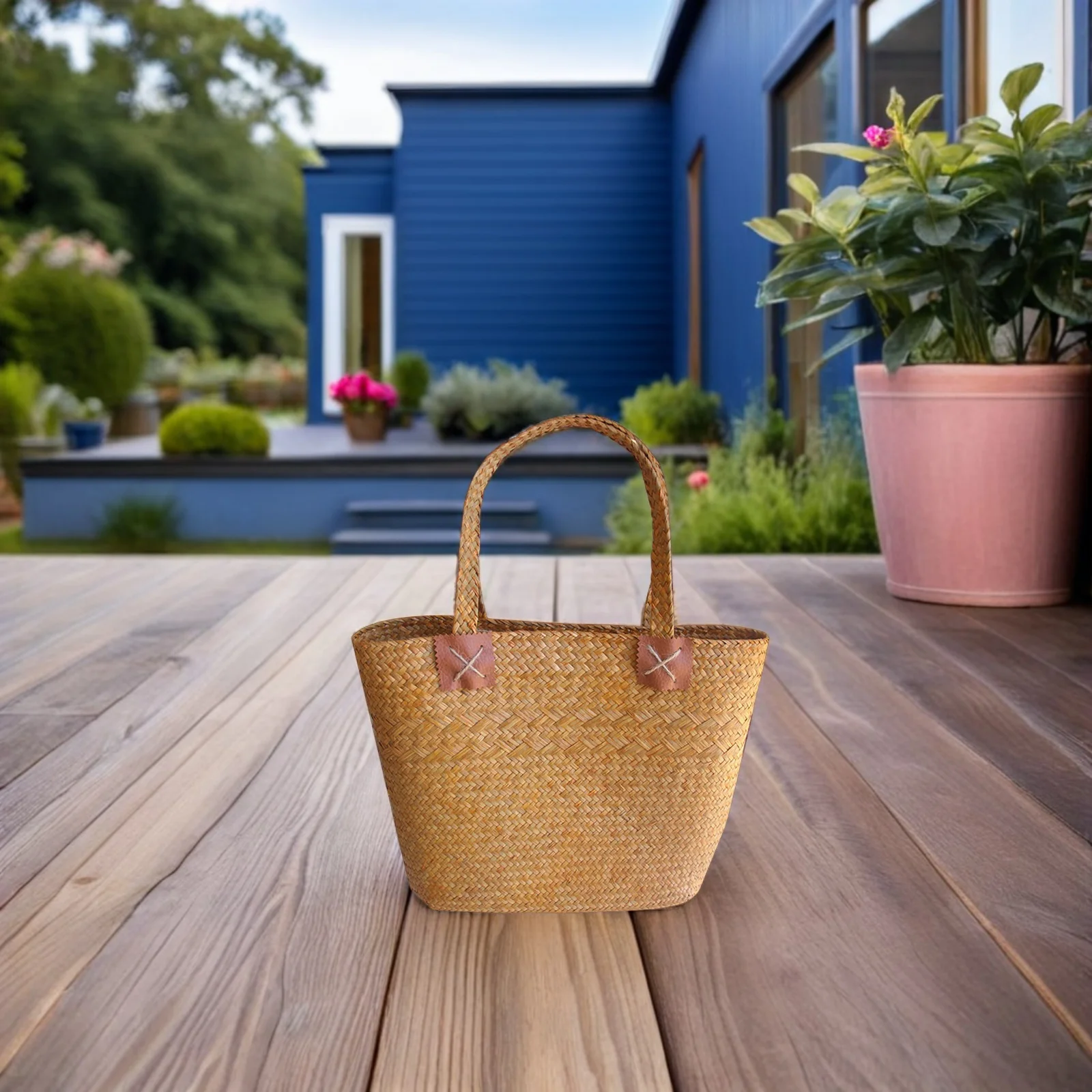 

Sea Grass Woven Flower Basket Natural Style Handheld Straw Bag Large Capacity Summer Beach Tote Picnic Shopping Basket