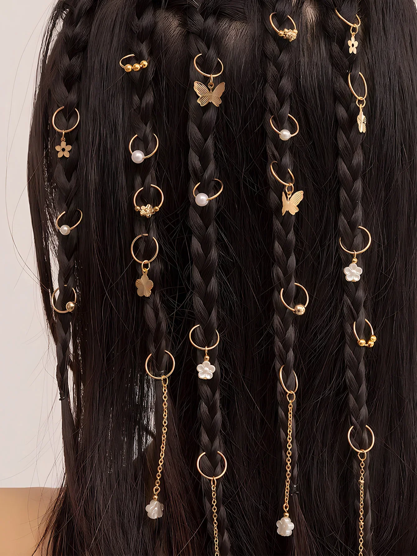 20Pcs Golden Butterfly Hair Jewelry for Braids Palm Braids Clips Flower Loc Charms & Pearl Hair Cuffs/Rings Accessories