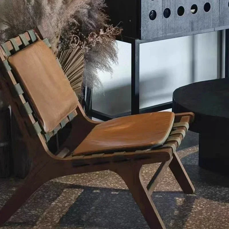 Country Solid Wood Leather Leisure Chair Single Sofa Chair