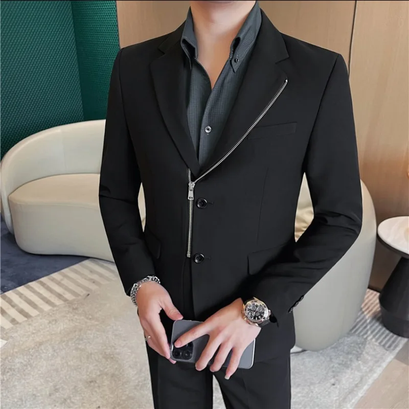 High-quality Zipper Men Blazers 2024 Spring Business Casual Suit Jacket Slim Office Social Dress Coat Wedding Groom Men Clothing