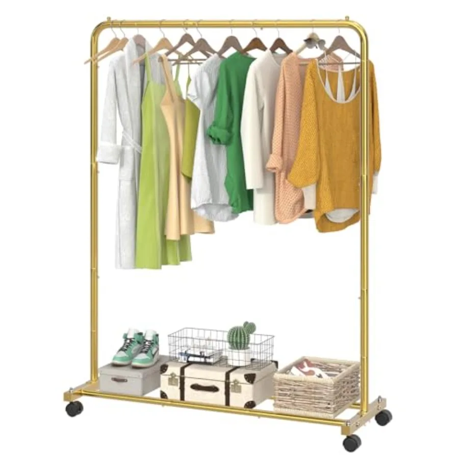 

Standard Clothes Clothing Garment Rack with Storage Shelves Rolling Clothes Organizer on Wheels for Hanging Clothes Gold