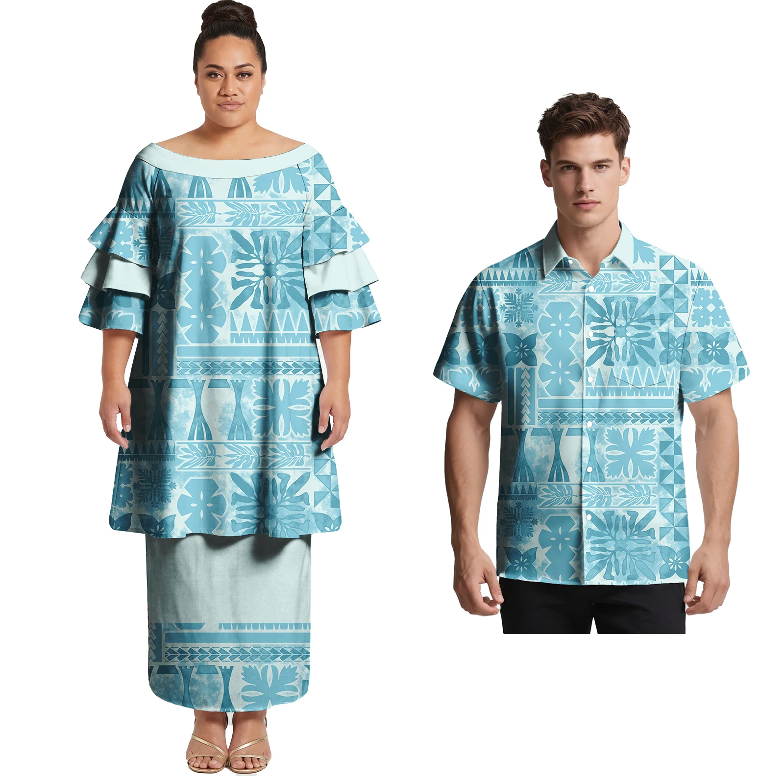 

Hawaiian Hibiscus Design Elegant Couple Match Outfits Samoan Polynesian Tribal Women Puletasi Dress Men Shirt Custom Couple Suit