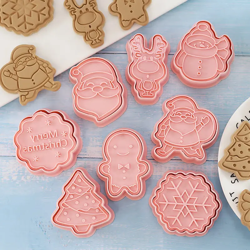 8/10Pcs 3D Christmas Cookie Cutters Biscuit Mold Plastic Cartoon Pressable Cookie Stamp Xmas New Year Decor Pastry Bakeware