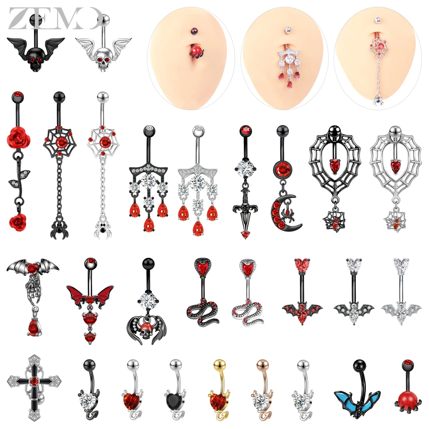 ZEMO 1 PC 14G Punk Edelstahl Nabel Ringe Frauen Männer CZ Kristall Bauch Ring Spinne Schädel Flügel Bauchnabel piercings Schmuck