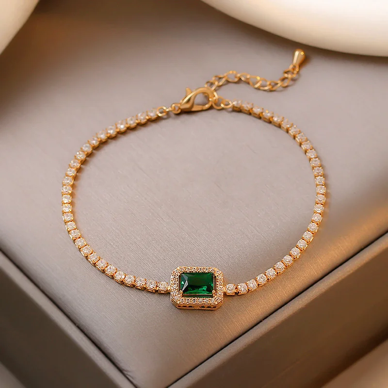 Vintage Full of Rhinestone Green Color Zircon Bracelets For Women Superior Quality Square Crystal Bracelet Wedding Jewelry Gifts