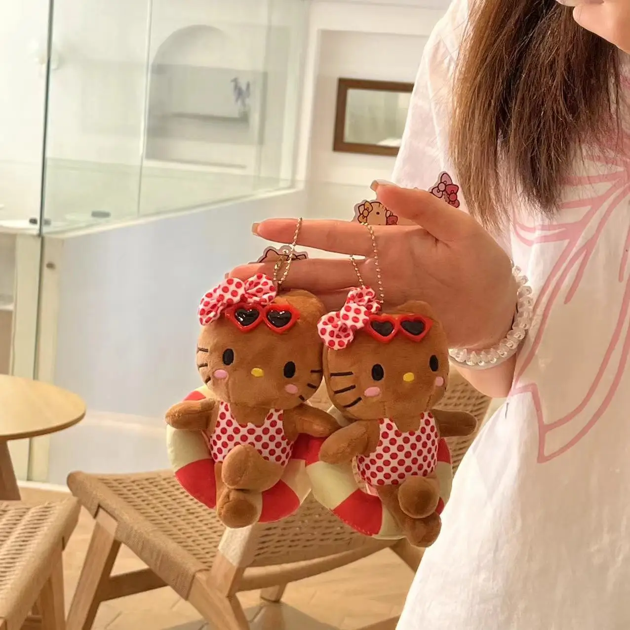 Hello Kitty Cute Black Skin Kt Cat Polka Dot Plush Doll Kawaii Swimming Circle Toy Fluffy Keychain Pendant Periphery Gift