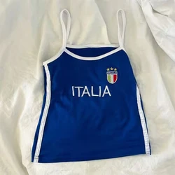 Women Y2K Vintage Basic ITALIAN Embroidery Camisole Casual Summer Blue Sleeveless Spaghetti Strap Crop Tops for Streetwear